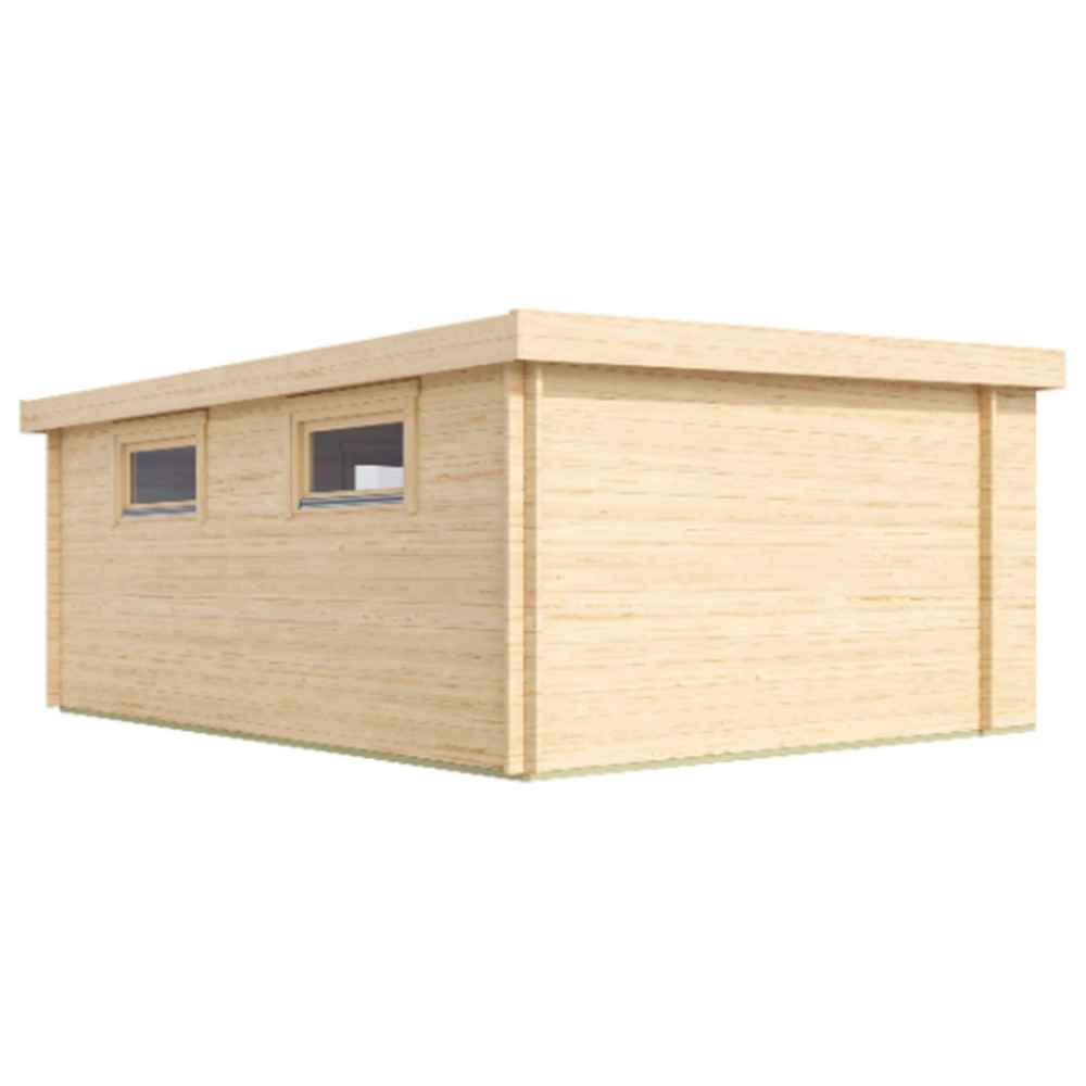 Back corner view of the GardenHouse24 USA ALU Concept 70I Garden Room reveals two horizontal windows for extra light and ventilation