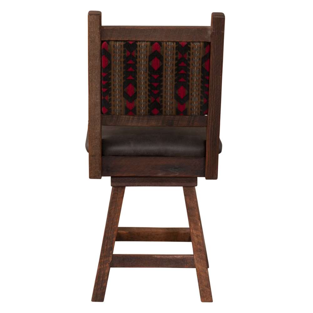 Back of Fireside Lodge Barnwood Colonial Swivel Counter Stool highlights its colorful geometric fabric design framed in reclaimed barnwood
