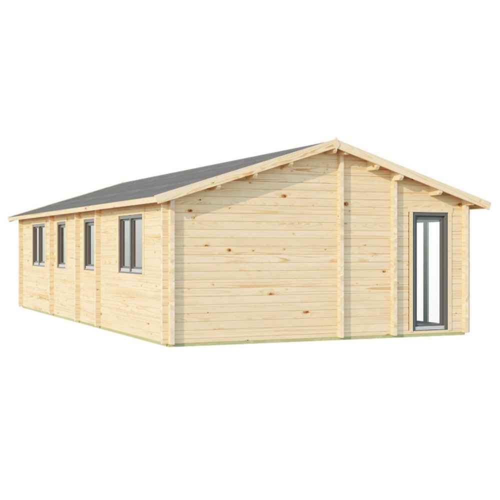 Back of the GardenHouse24 USA Casablanca 70 Garden Room displays three evenly spaced windows and a single door against smooth timber walls