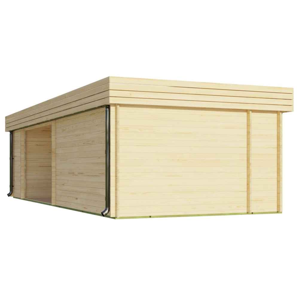 Back of the GardenHouse24 USA Rait 44 Garden Room is visible, displaying clean wooden paneling and black rain gutters