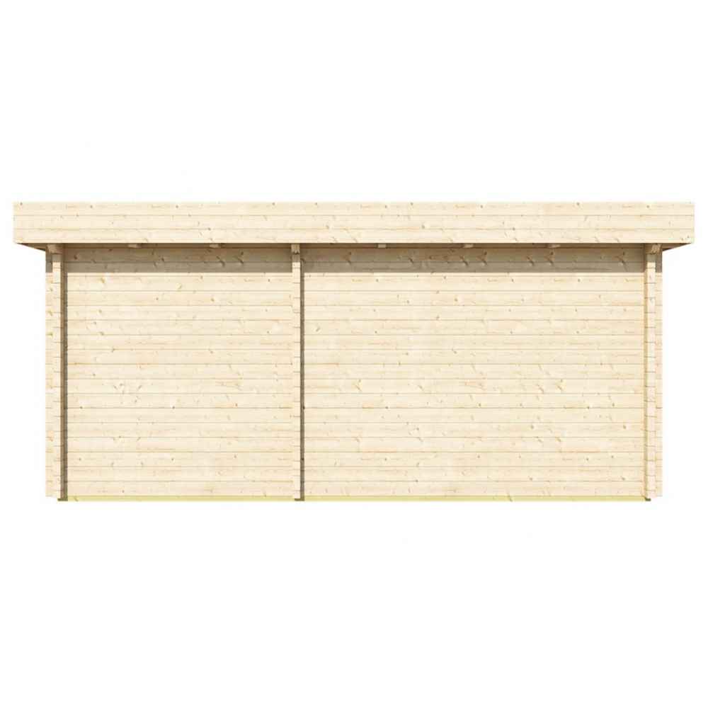 Back of the GardenHouse24 USA Sauna Sirpa 90 Garden Room features a clean, minimalist wood panel facade with no windows or doors