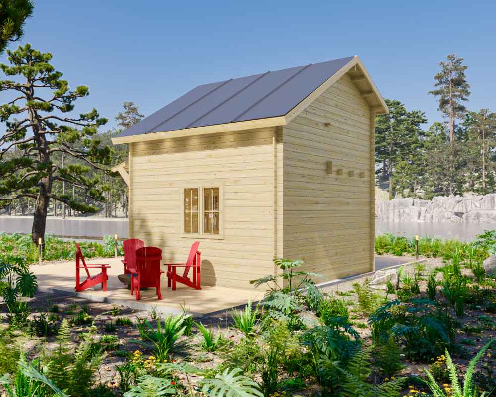 Back of the Sawmill Structures BlueWater Loft 160 38mm Garden Room, with a clean wooden facade and red chairs around a fire pit in a forest clearing