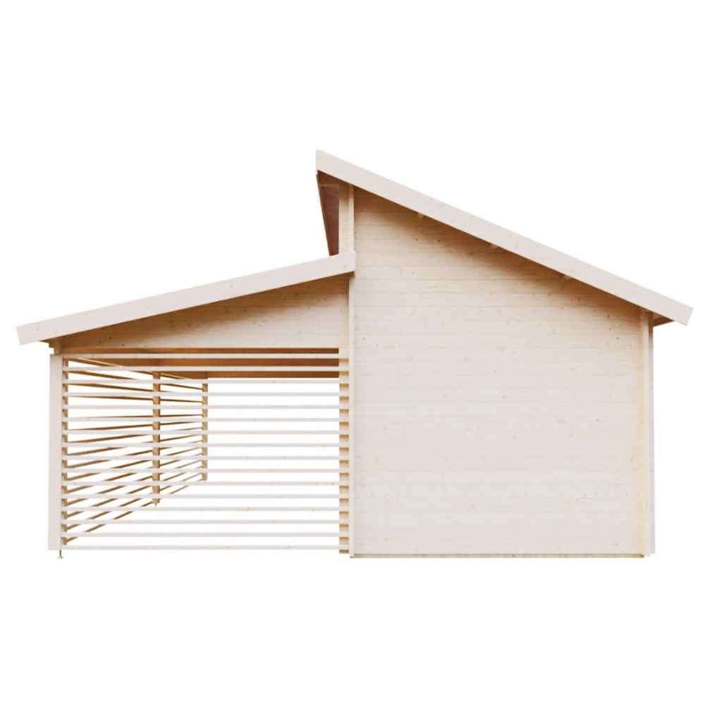 Back side angle shows the uninterrupted exterior wall and sleek rooflines of the GardenHouse24 USA Garage Morten 44A Garden Room