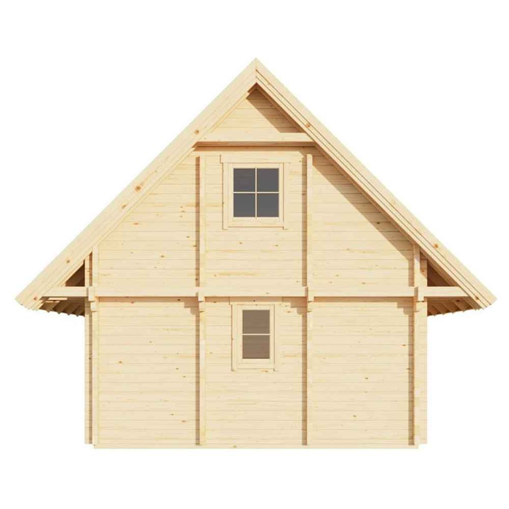 Back side of the GardenHouse24 USA Anders 90A Garden Room features a gabled roof and small windows for a classic cabin design
