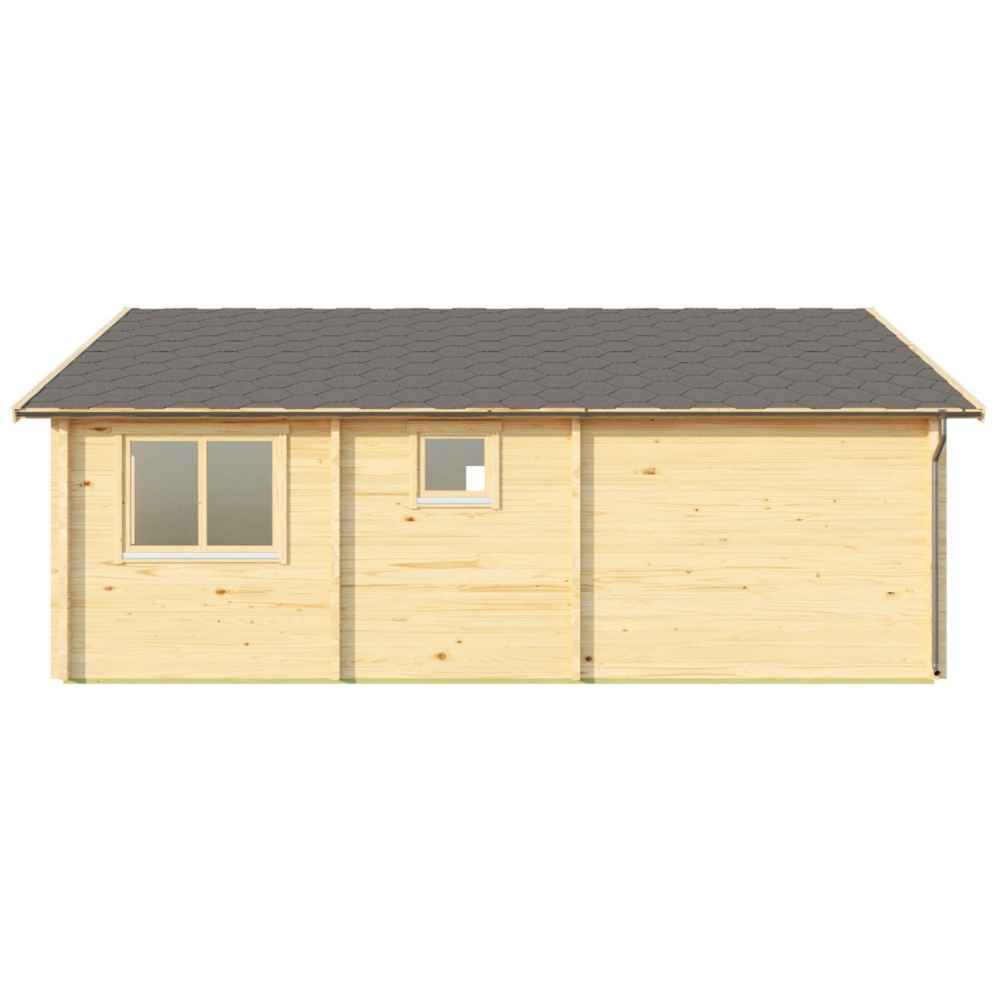 Back side of the GardenHouse24 USA Granny Flat Malta Garden Room shows a simple layout with two windows and light wood paneling under a dark roof