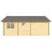 Back side of the GardenHouse24 USA Granny Flat Malta Garden Room shows a simple layout with two windows and light wood paneling under a dark roof