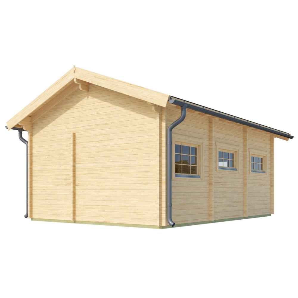 Back side of the GardenHouse24 USA Sigrid 44 Garden Room reveals a plain wooden wall and three horizontally aligned windows with rain gutters