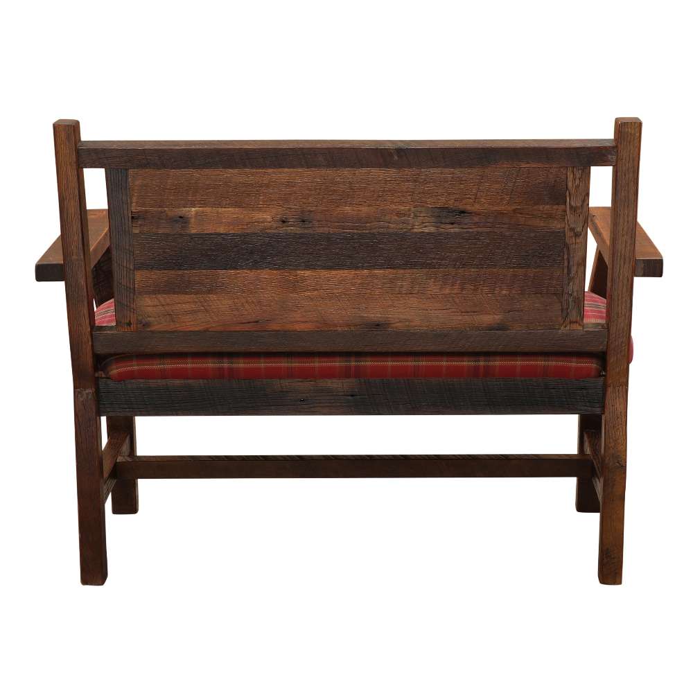 Back view of Fireside Lodge Barnwood Upholstered Bench with Arms and Back displays its solid reclaimed wood paneling with a natural, weathered finish