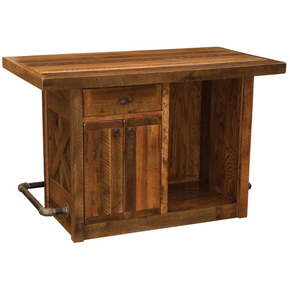 Back view of the Fireside Lodge Barnwood 5-Foot Bar reveals storage space with a drawer, cabinet doors, and an open shelf for bar essentials