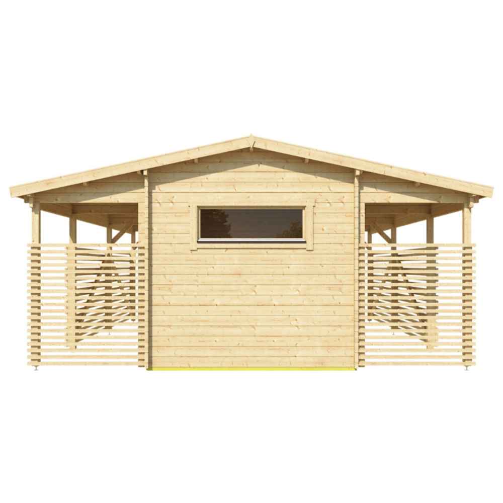Back view of the GardenHouse24 USA Carport Hugo 44 Garden Room highlights a solid wall with a horizontal window and symmetrical slat extensions