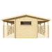 Back view of the GardenHouse24 USA Carport Hugo 44 Garden Room highlights a solid wall with a horizontal window and symmetrical slat extensions