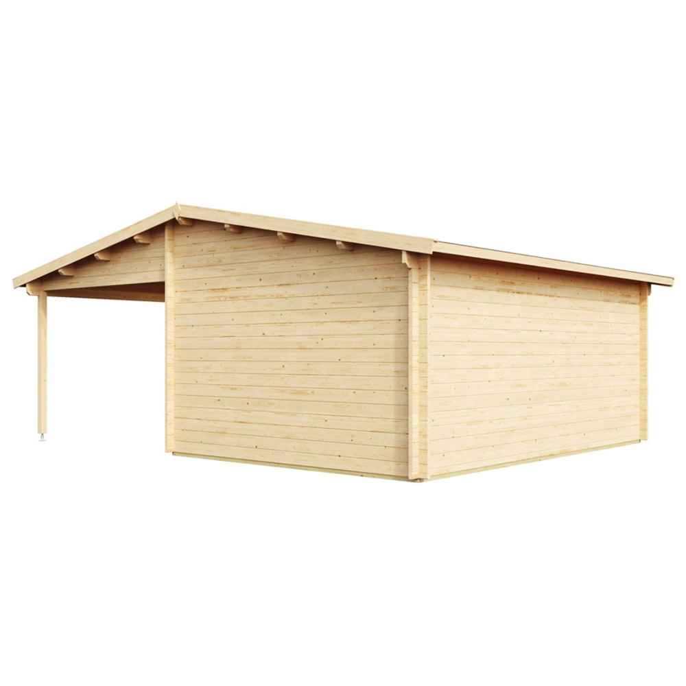 Back view of the GardenHouse24 USA Garage Bjarne 44 Garden Room emphasizing the long wood-paneled wall and overhanging roof