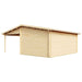 Back view of the GardenHouse24 USA Garage Bjarne 44 Garden Room emphasizing the long wood-paneled wall and overhanging roof