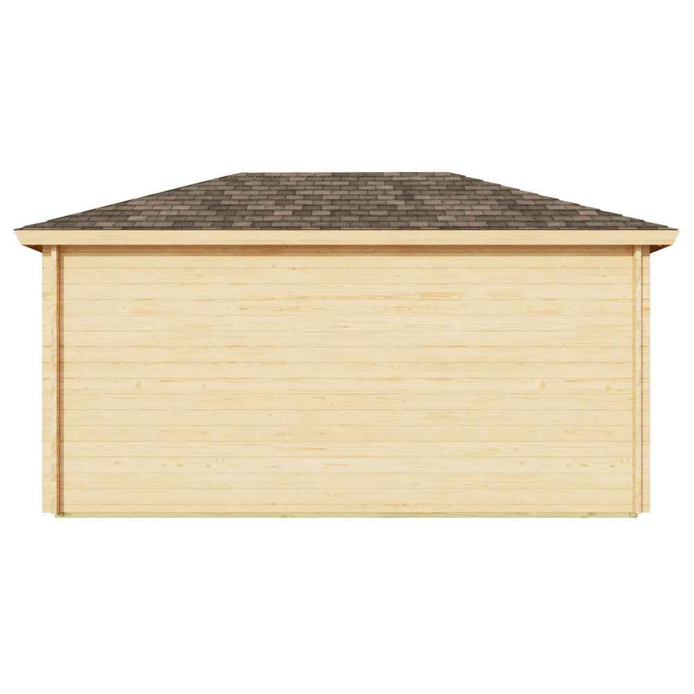 Back view of the GardenHouse24 USA Pavilion ALU 44C Garden Room displays a clean, solid wood-paneled wall and dark shingle roof