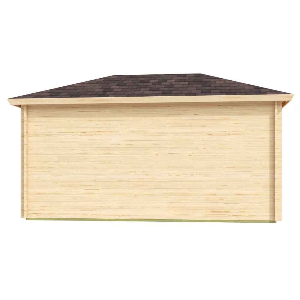 Back view of the GardenHouse24 USA Pavilion ALU 44D Garden Room displays a smooth, uninterrupted wooden wall