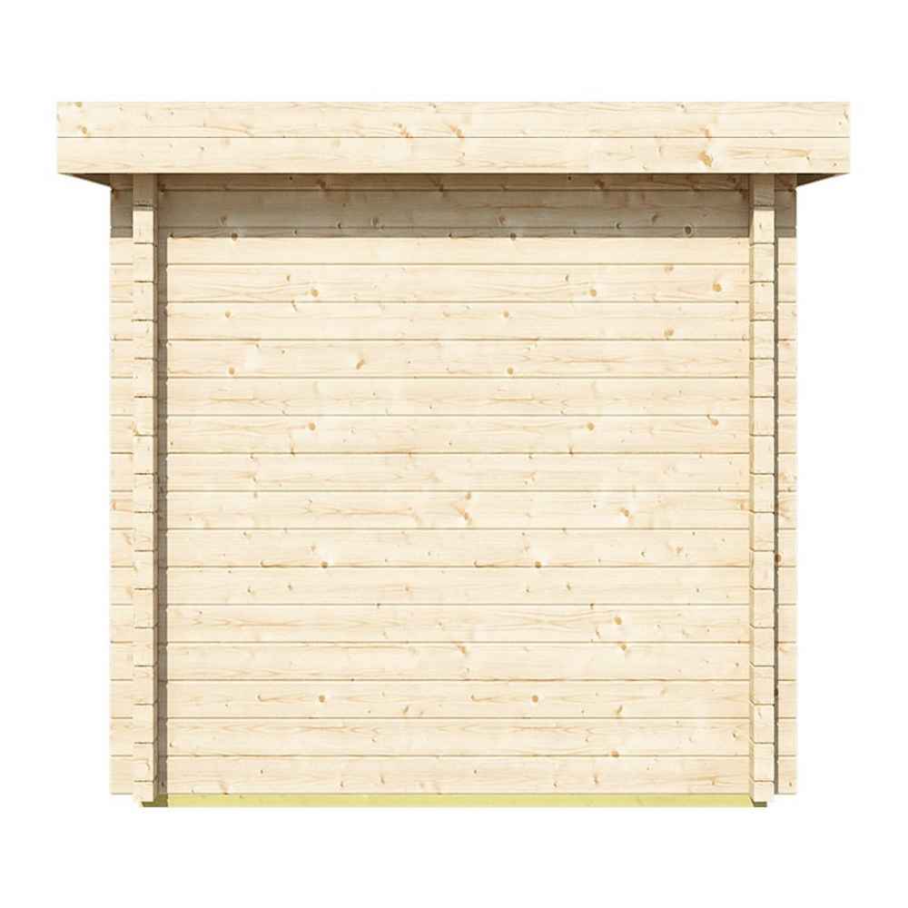 Back view of the GardenHouse24 USA Sauna Maria 90 Garden Room reveals a clean, flat wooden surface with minimalist detailing