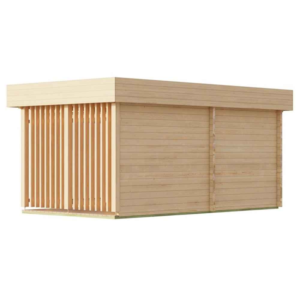Back view of the GardenHouse24 USA Sauna Piano 70 Garden Room displays clean horizontal wood panels and a vertical slatted corner for privacy and style