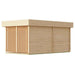 Back view of the GardenHouse24 USA Sauna Piano 70 Garden Room displays clean horizontal wood panels and a vertical slatted corner for privacy and style