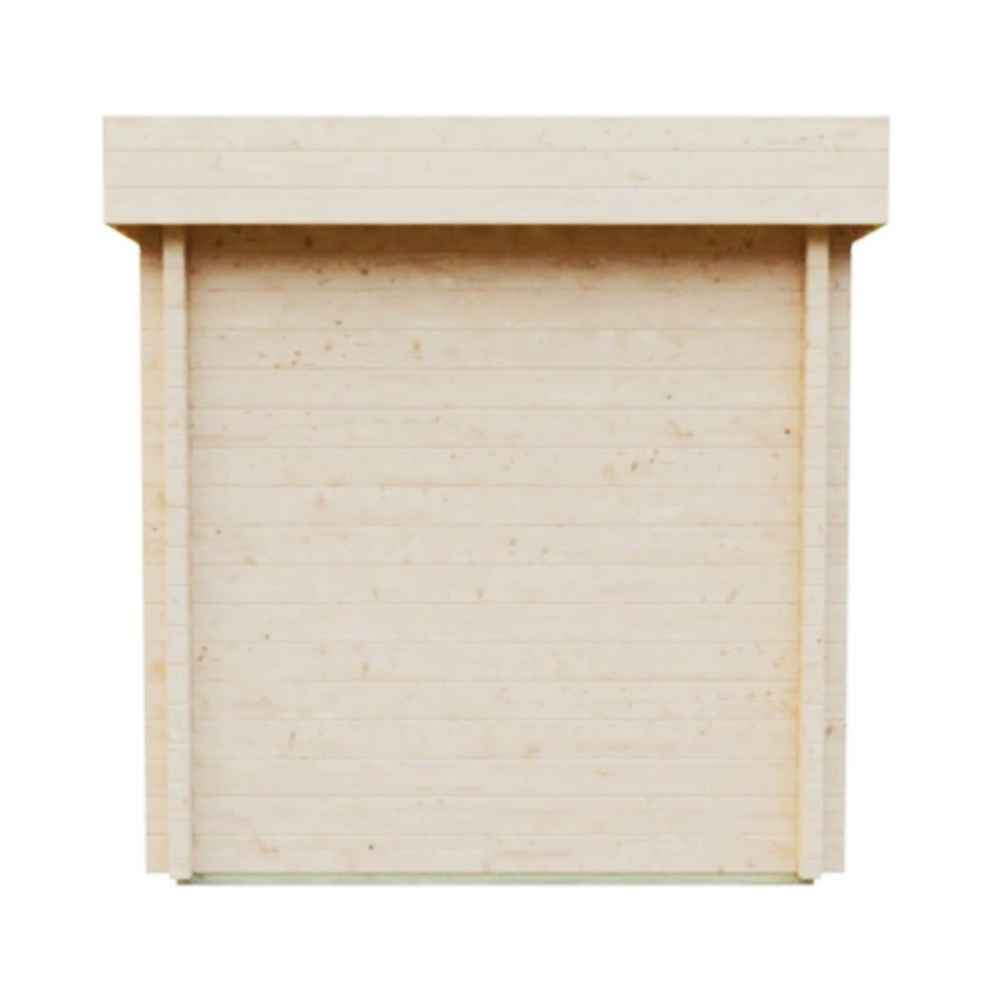 Back view of the GardenHouse24 USA Sauna Tuuli 90 Garden Room, featuring a plain wood-paneled wall without windows or doors