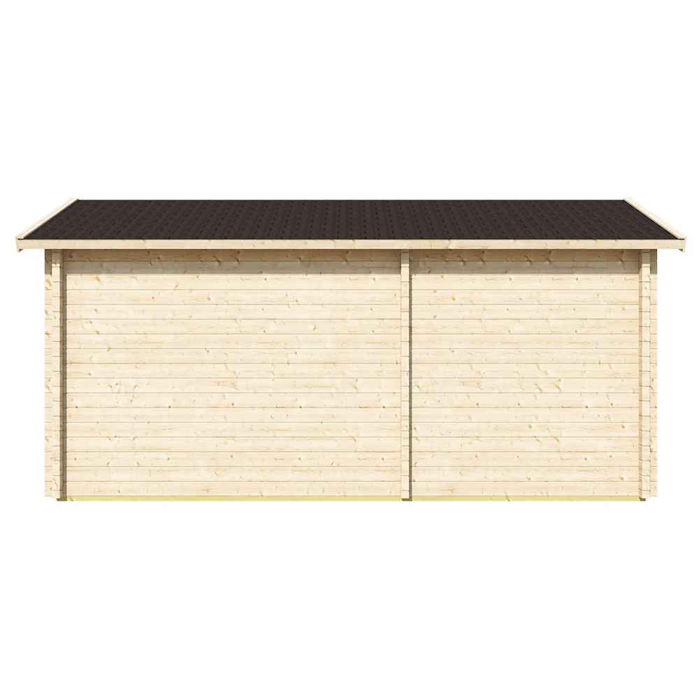 Back wall of the GardenHouse24 USA Sauna Sanna 90 Garden Room is fully enclosed in smooth horizontal wood panels with no windows or doors