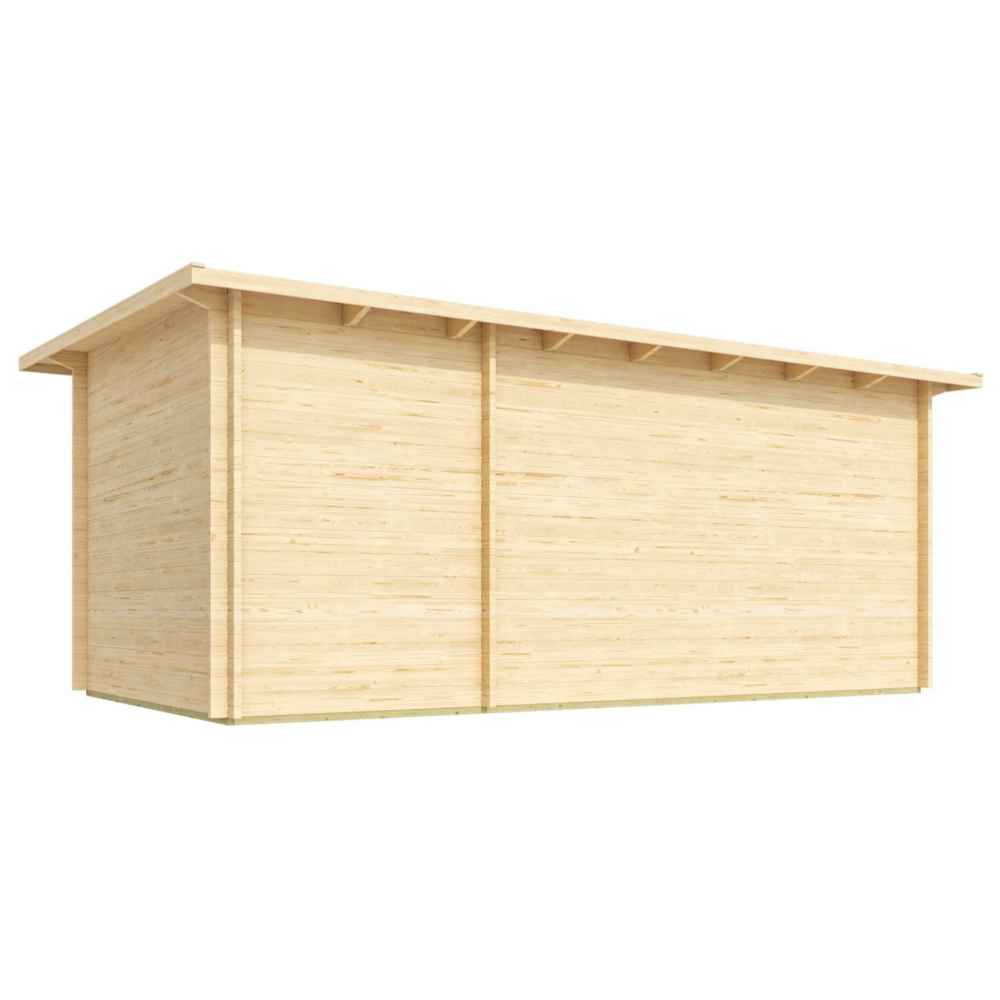 Back wall of the GardenHouse24 USA Starla 44B ALU Garden Room is completely wooden and windowless, showing a flat, seamless design