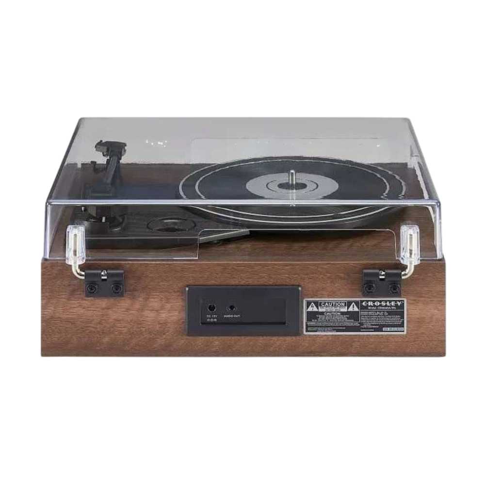 Back view of the Crosley Miles Record Player - Walnut showcases its connectivity options, including power and audio output ports