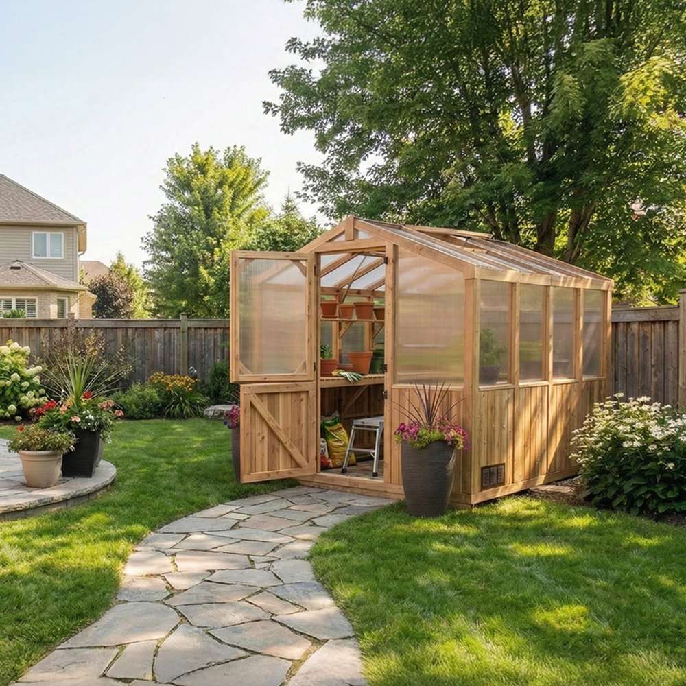 Backyard garden scene with a stone path leads to the 8x8 Outdoor Living Today Western Red Cedar Greenhouse Kit