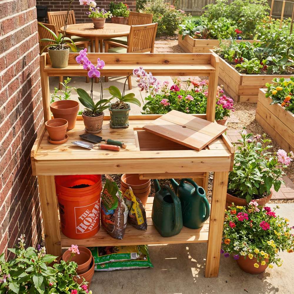 Backyard garden shows a potting bench near raised beds and flowers, with Outdoor Living Today 4×2 Western Red Cedar Potting Bench at the center