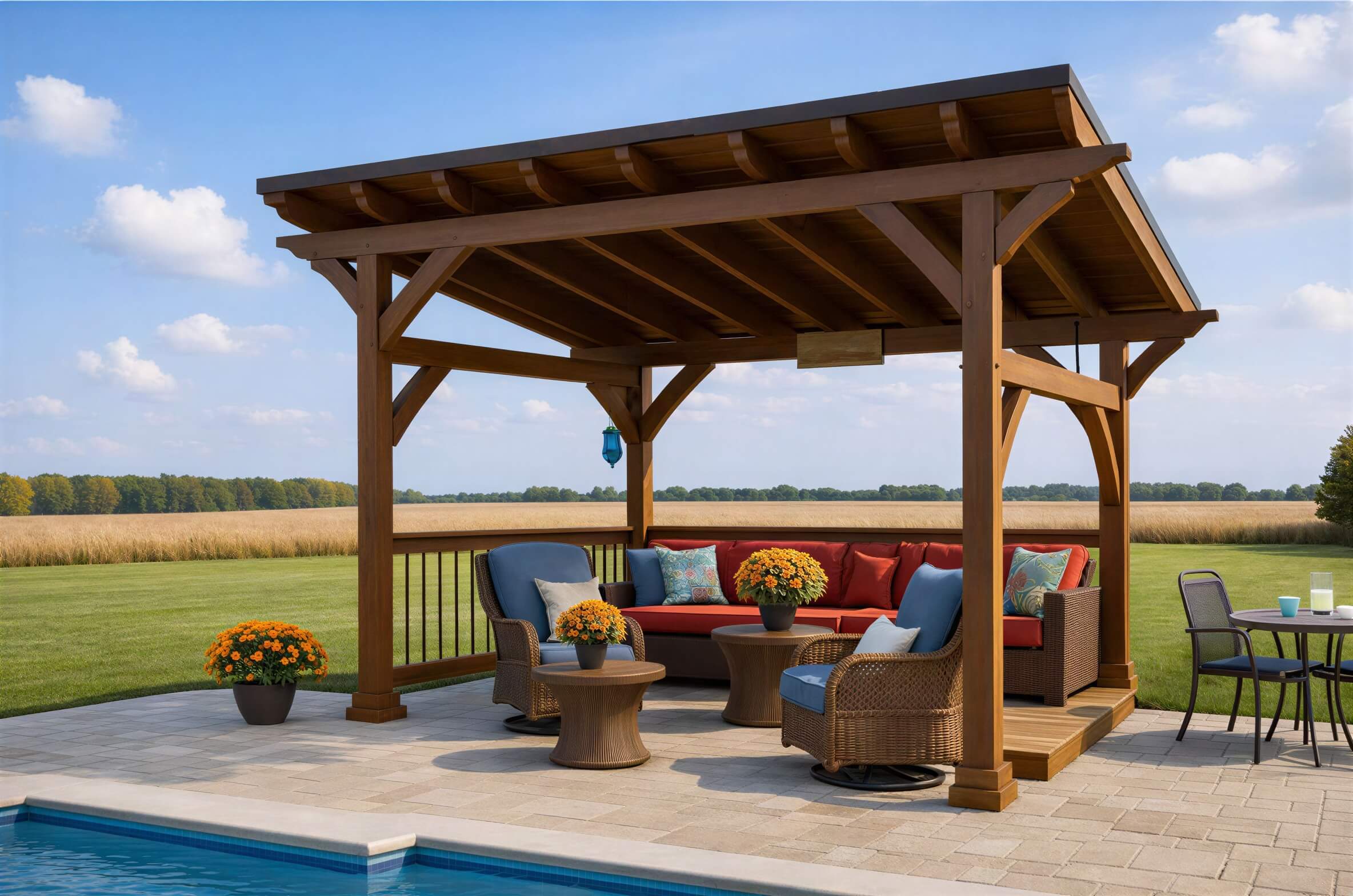Backyard lounge setup under the Brookside Timber Frame Ridgeview Pavilion with wicker seating and open field views