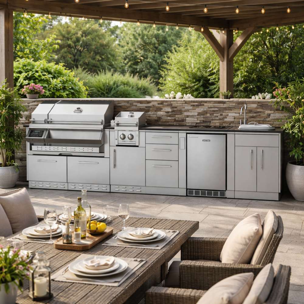 Backyard patio setup featuring a full outdoor kitchen from the Sunstone Cypress 11.6FT Outdoor Cabinet large Island Package