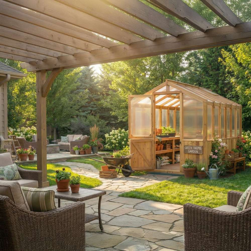 Backyard patio with seating and greenery surrounds the 8x12 Outdoor Living Today Western Red Cedar Greenhouse Kit in a landscaped yard