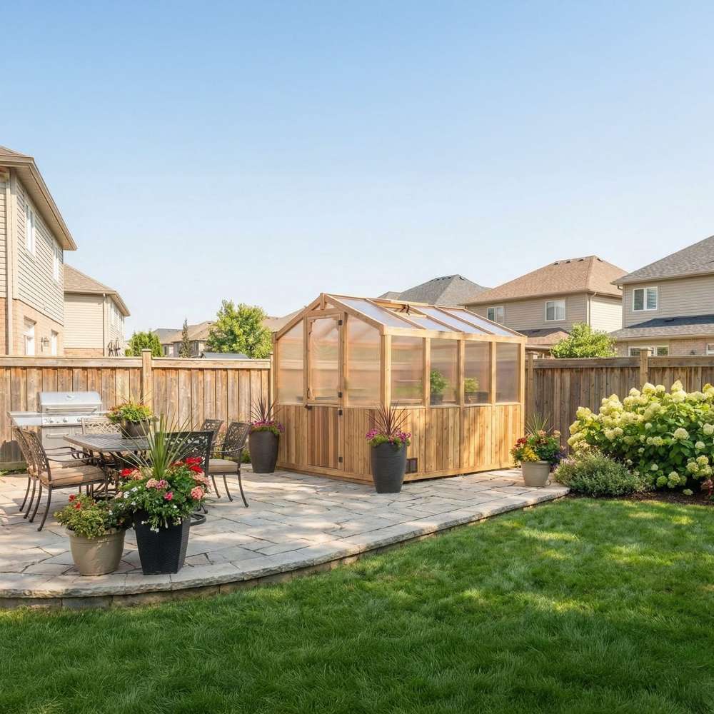 Backyard patio with seating and plants features the 8x8 Outdoor Living Today Western Red Cedar Greenhouse Kit on a stone surface