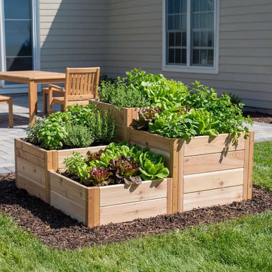Backyard planter with herbs and greens featuring the Outdoor Living Today 3.5×4 Tiered Cedar Corner Raised Garden Bed at the center