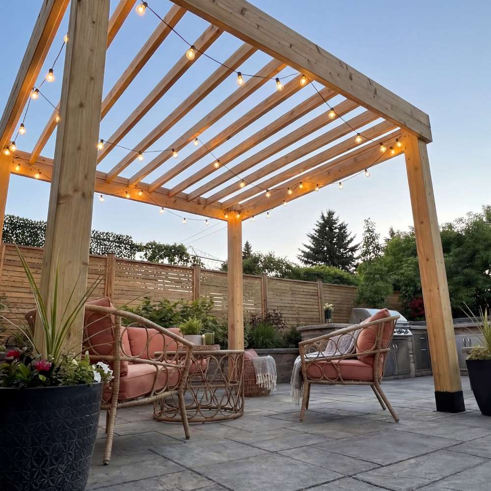 Backyard seating area under string lights featuring the Outdoor Living Today Western Red Cedar Urban Escape Pergola