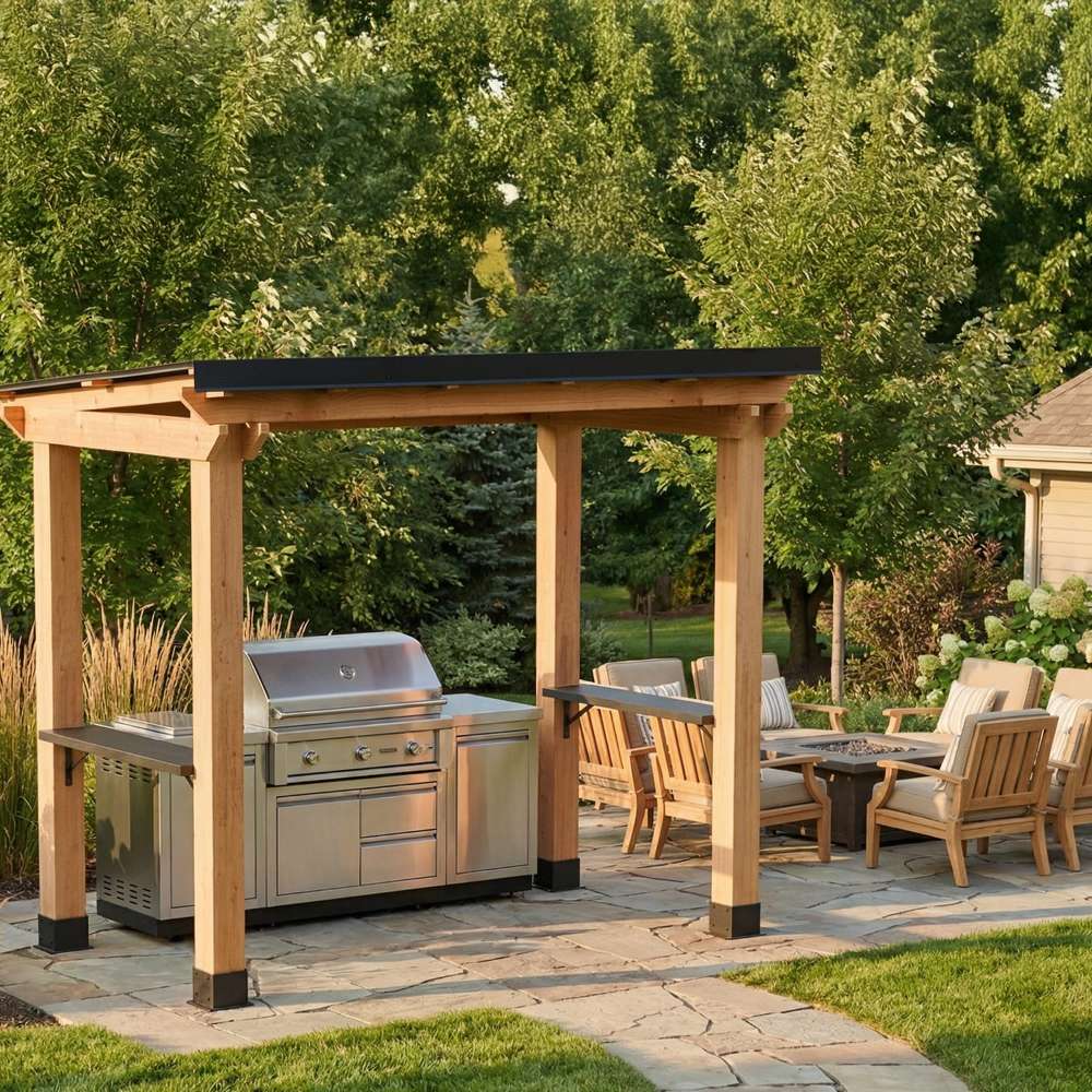 Backyard setup shows a grill under Outdoor Living Today Western Red Cedar 8x5 Grill Gazebo with nearby lounge seating and trees