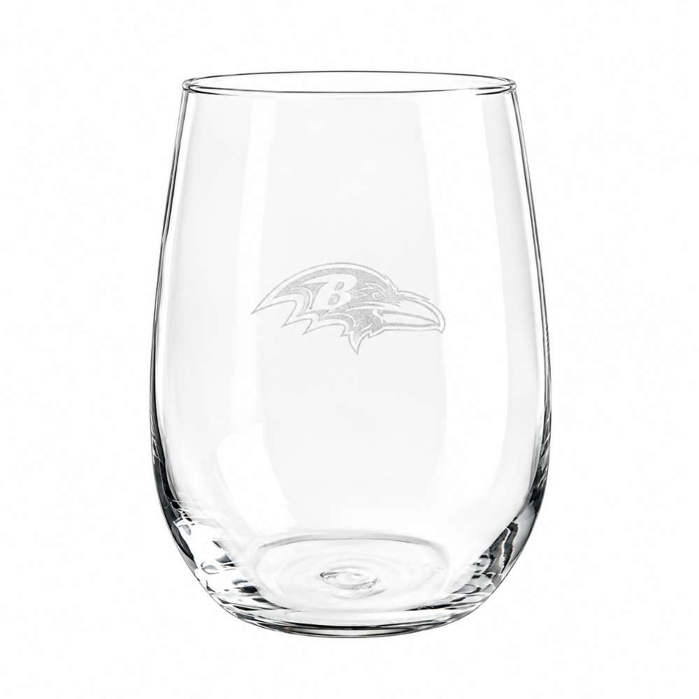 Baltimore Ravens Crate & Barrel NFL Aspen 17oz Stemless Wine Glass, Set of 4 features a clear stemless glass etched with the Ravens bird-head logo