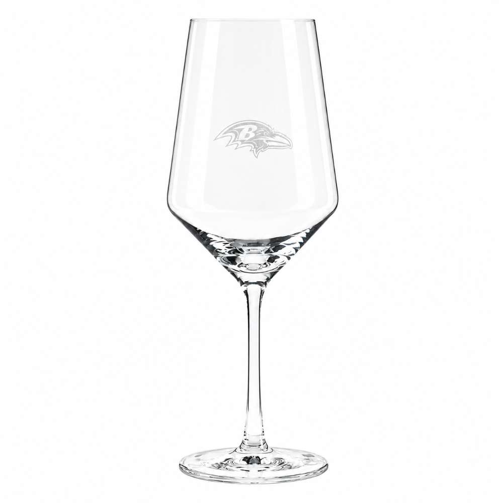 Baltimore Ravens Crate & Barrel NFL Tour 18oz Red Wine Glass, Set of 4 featuring the Ravens bird-head logo etched on a clear stemmed wine glass