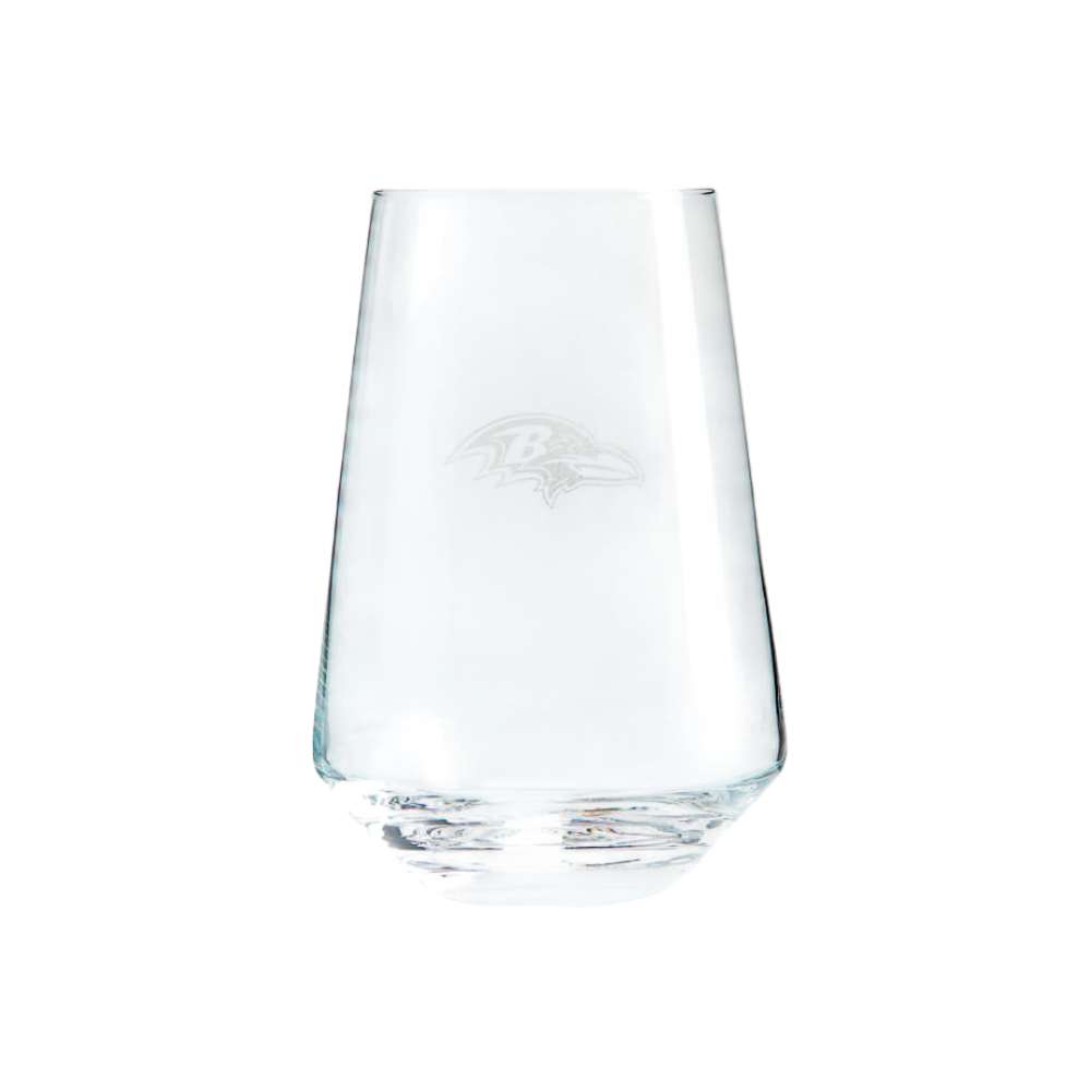 Baltimore Ravens Crate & Barrel NFL Tour 19oz Stemless Wine Glass, Set of 4 featuring the Ravens bird-head logo etched on clear glass