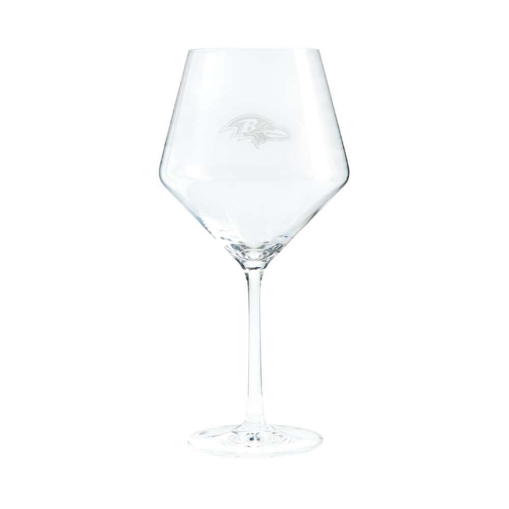 Baltimore Ravens Crate & Barrel NFL Tour 24oz Red Wine Glass, Set of 4 featuring the Ravens bird-head logo etched on a clear stemmed wine glass