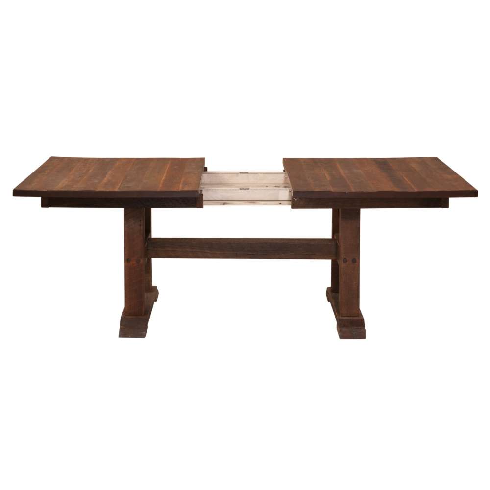 Barnwood Top Fireside Lodge Barnwood Extension Dining Table partially opened with the two ends spread apart and the extension track visible