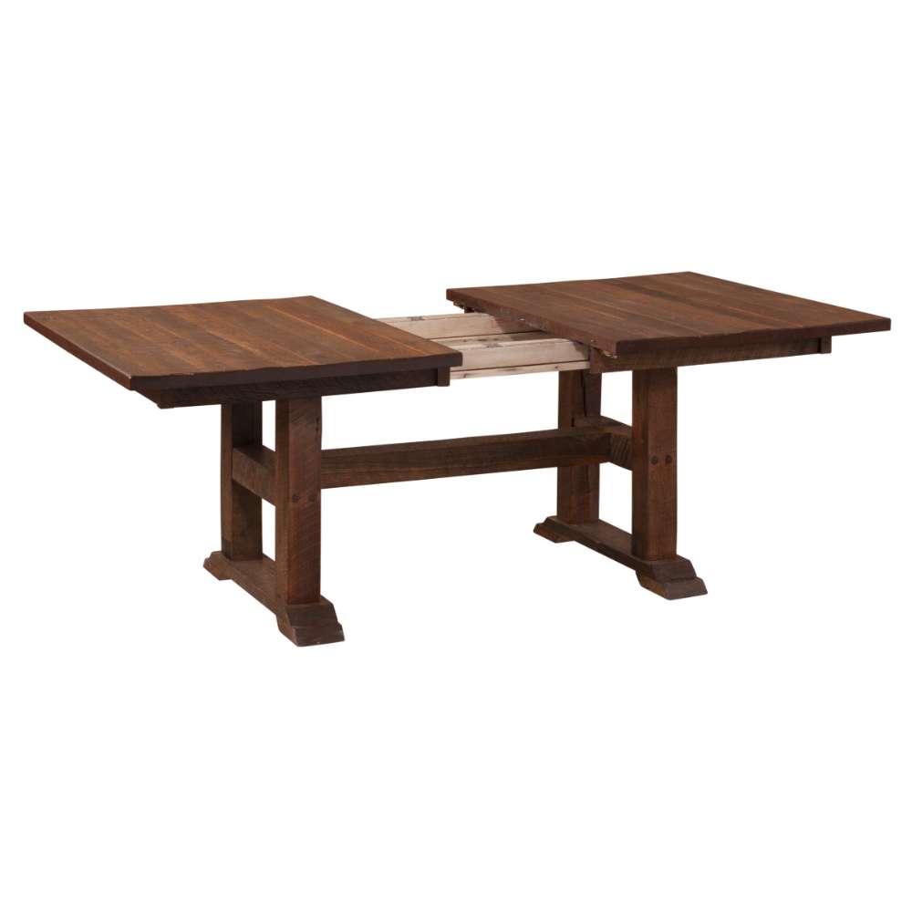 Barnwood Top Fireside Lodge Barnwood Extension Dining Table pulled apart in the center to reveal the extension mechanism with both ends separated