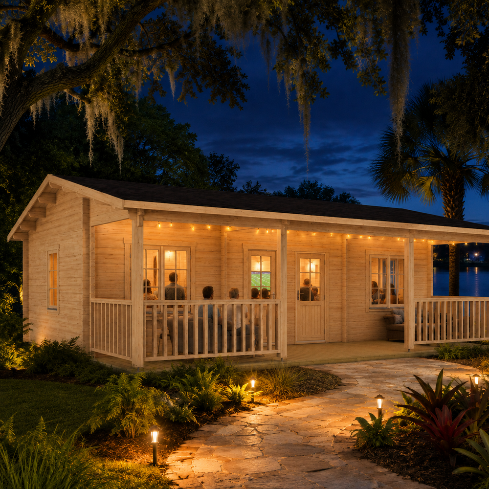 Barrit 70 glowing brightly at night as family and friends watch sports inside, surrounded by illuminated palms, Spanish moss, tropical plants, and a Central Florida lake.