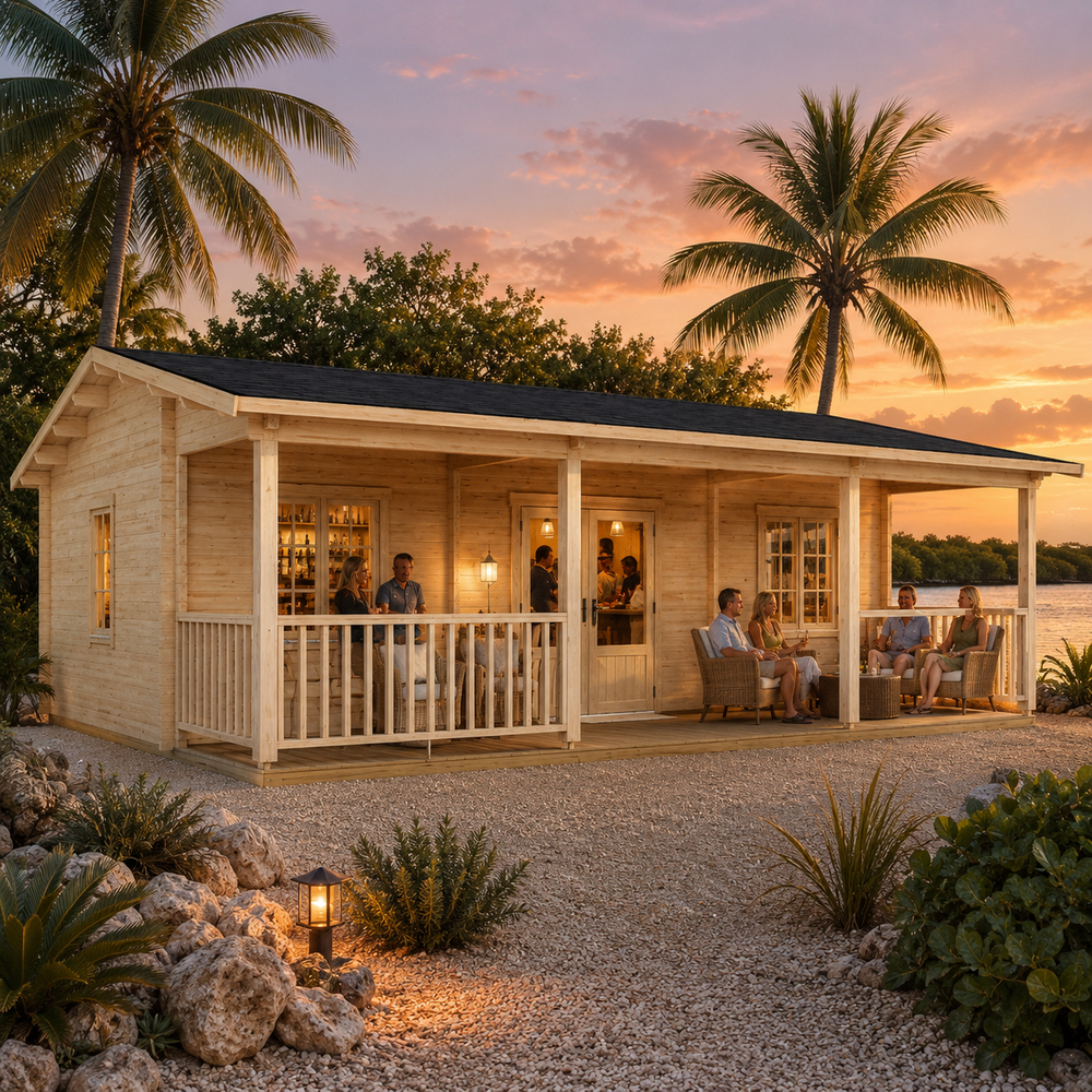 Barrit 70 transformed into an upscale golden-hour entertainment bar, with adults socializing on the covered veranda beside a Florida Keys mangrove channel.