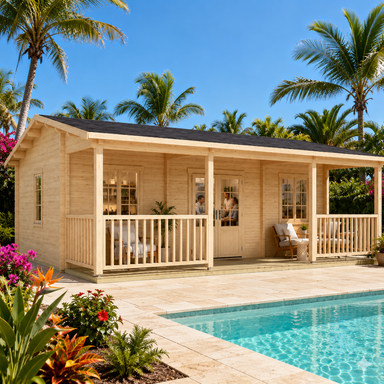 Barrit 70 Multi-Room Freedom House configured as a sunny professional home office beside a pool in a lush Sarasota tropical garden.