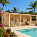 Barrit 70 Multi-Room Freedom House configured as a sunny professional home office beside a pool in a lush Sarasota tropical garden.