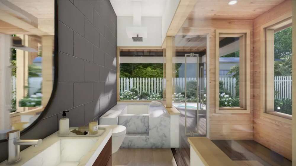 Bathroom in Sawmill Structures The Algonquin Garden Suites features a marble tub, glass shower, black accent wall, and wooden interiors