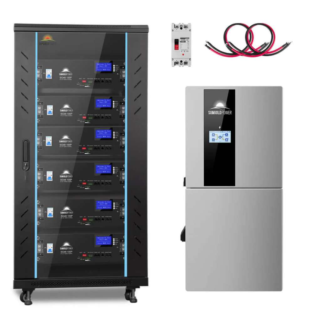 Battery cabinet and hybrid inverter from Sun Gold Power 11400W 48V Split Phase 30.72KWH Lithium Battery Hybrid Solar Kit SGH-11N3E-s with included accessories