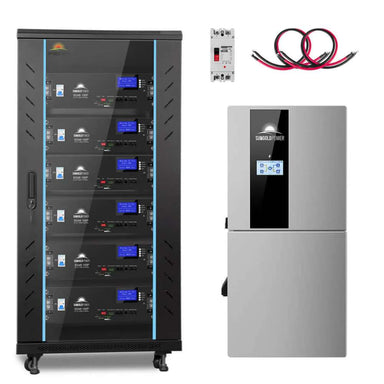 Battery cabinet and hybrid inverter from Sun Gold Power 11400W 48V Split Phase 30.72KWH Lithium Battery Hybrid Solar Kit SGH-11N3E-s with included accessories