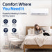 Bedroom scene with a woman and her cat under the indoor wall unit highlights quiet, efficient, WiFi enabled comfort from ACiQ 12000 BTU Essentials 17 SEER2 Single Zone Wall Mount Mini Split Heat Pump System