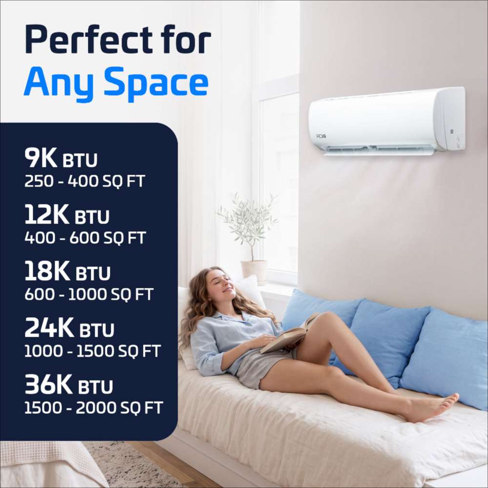 Bedroom sizing guide shows ACiQ 9000 BTU Essentials 21 SEER2 Single Zone Wall Mount Mini Split Heat Pump System as suitable for spaces around 250 to 400 square feet